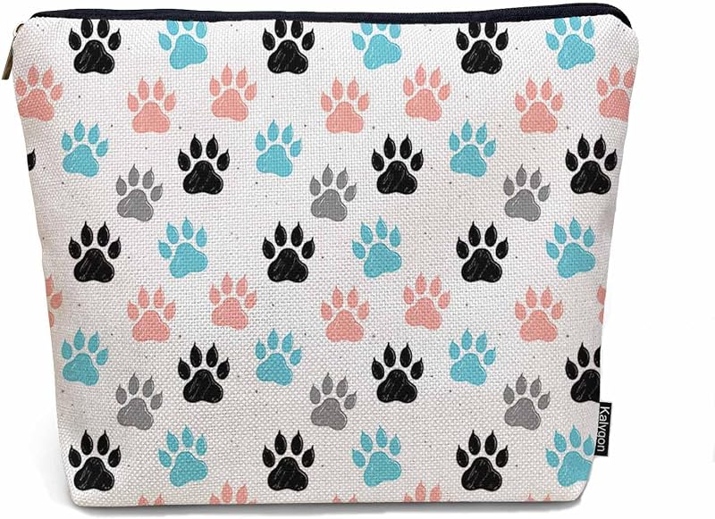 Necessaire Kalygon com estampa de patas de cachorro, zíper e tecido de linho