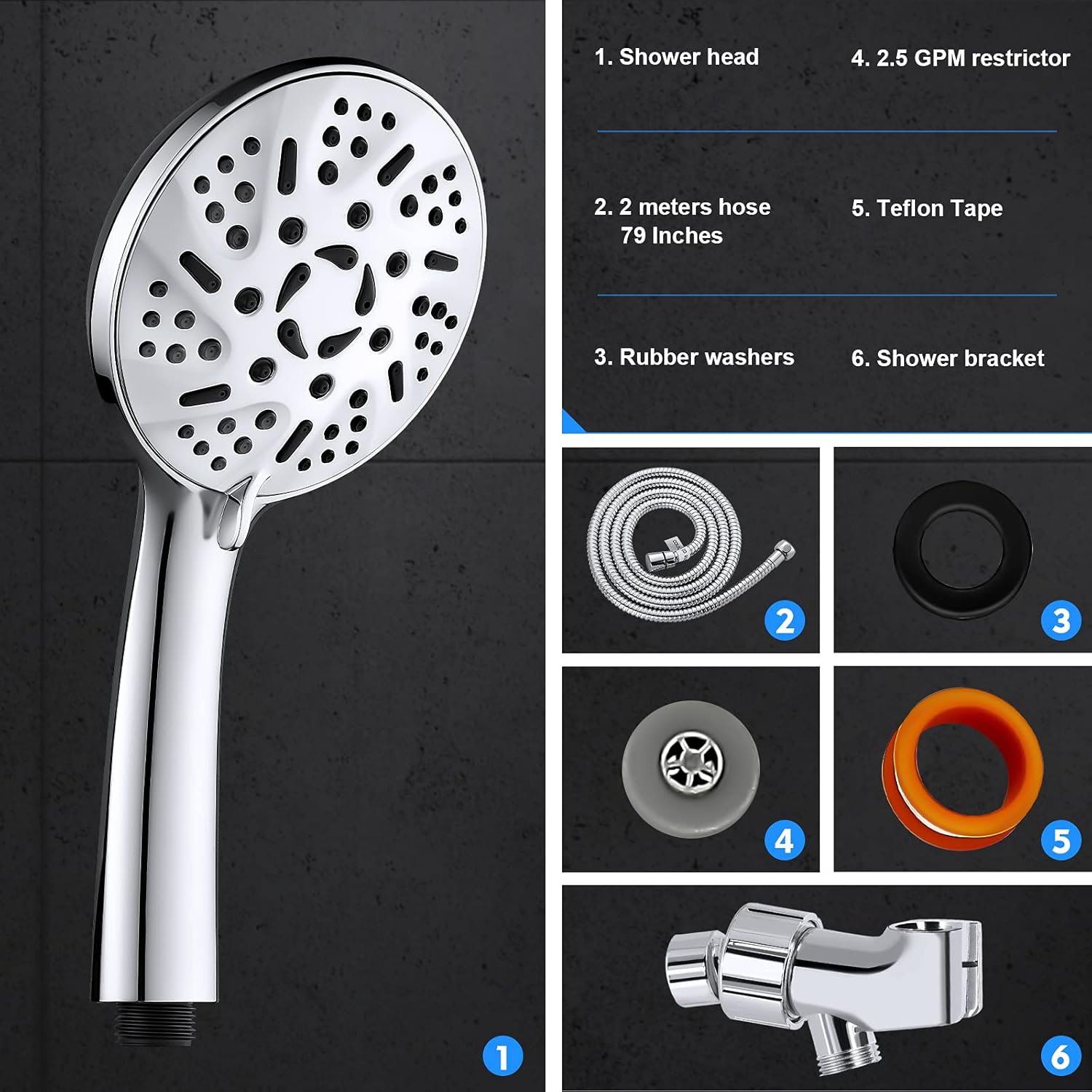 Musurjoy Shower Head, 9 Spray High Pressure Handheld Showerhead Set with Extra Long 79" Stainless Steel Hose Holder Teflon Tape Rubber Washers (chrome) - - 
