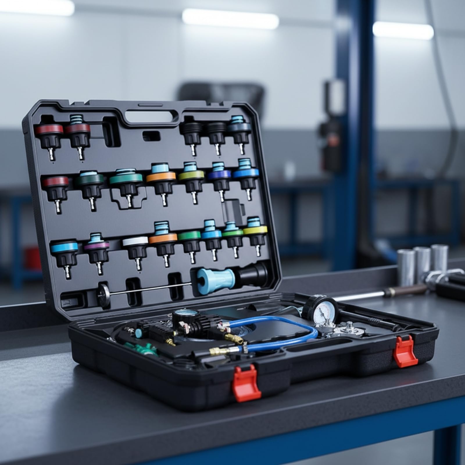 46 Piezas Kit Comprobador Presión Radiador Portátil Herramienta Prueba Presión Radiador Rápido para Mecánicos Automotrices