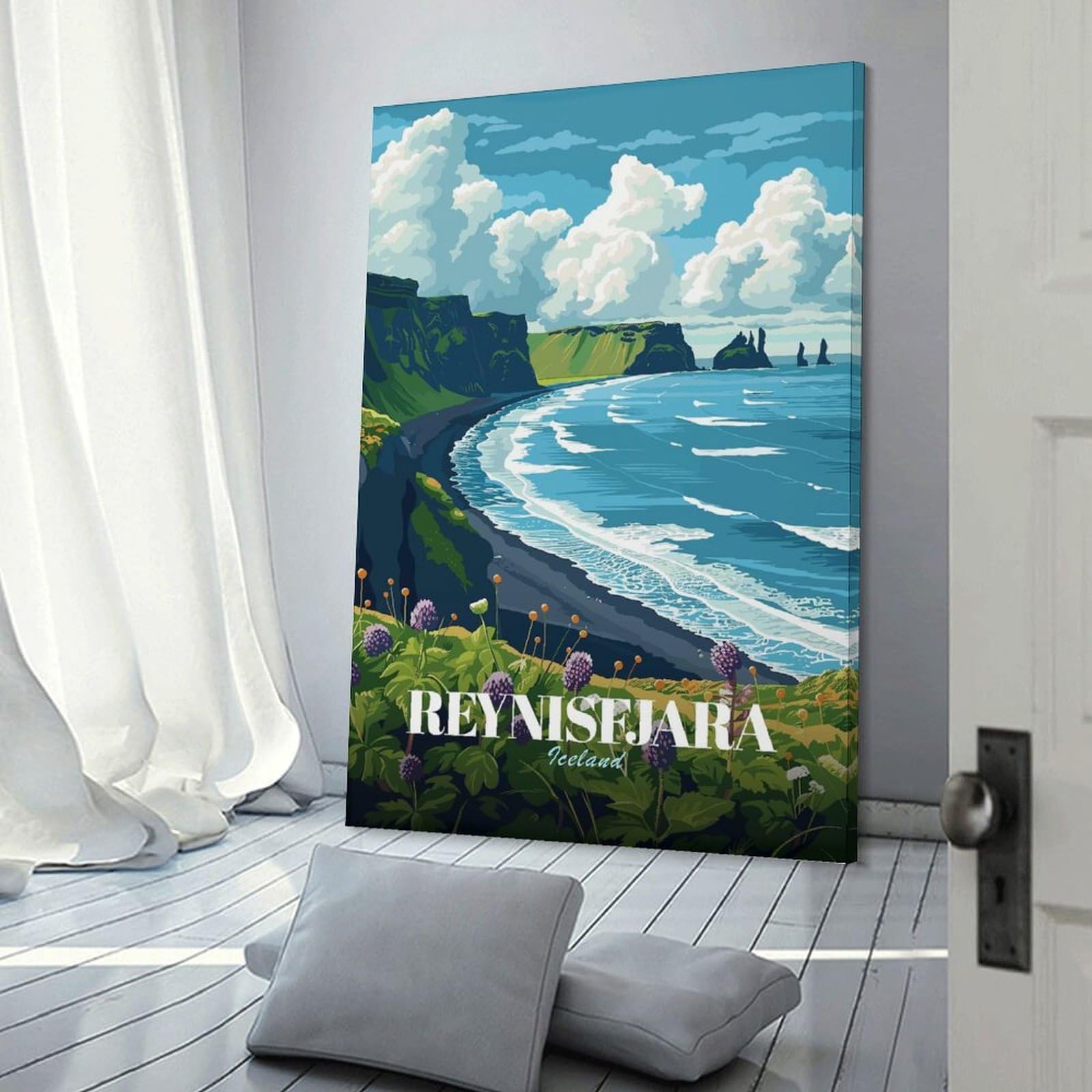 Junmoney Frame-Style-19 Canvas Wall Art Reynisfjara Iceland Coastal Landscape, 20X30inch(50X75cm), For Lounge Decor, Bedroom Walls Or Flats, Eye Catching Artwork For Blank Walls