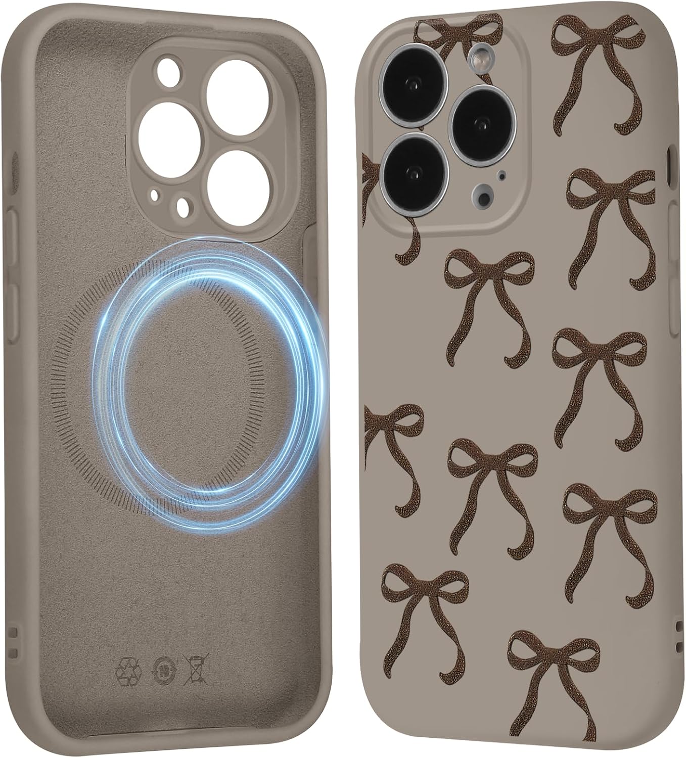 Cute Coquette Bow Phone Case for iPhone 16 Pro Max Magnetic Case 6.9", Compatible with Magsafe, Aesthetic Ribbon Bowknot Pattern Cover Soft Liquid Silicone Protection Women Girls Funda, Brown