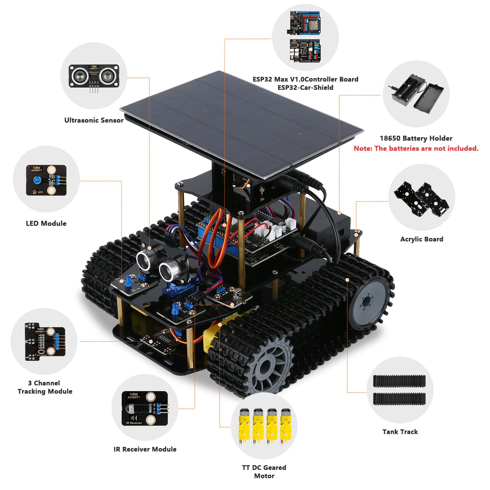 ACEBOTT ESP32 Smart Tank Solar Robot Car, 4WD movimento omnidirezionale auto telecomando compatibile con Arduino IDE, progetto di programmazione elettronica/kit di codifica scientifica STEM per