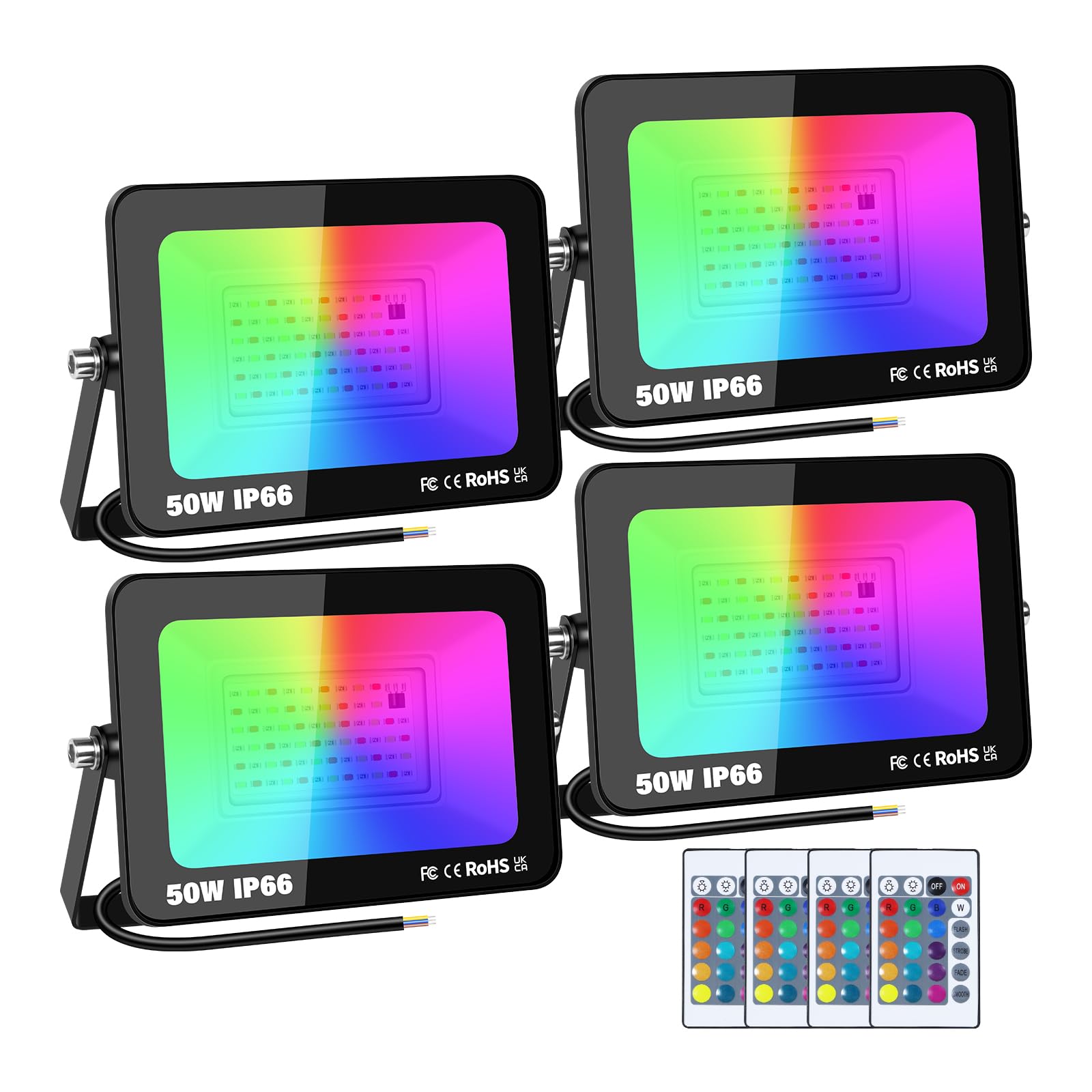 AUXTINGS 4 Pieces 50W RGB LED Flood Lights, Colorful Flood Light with Remote Control, Indoor Outdoor IP66 Waterproof Colored LED Floodlight, Dimmable Wall Washer Lighting Party Stage Light,200V-250V