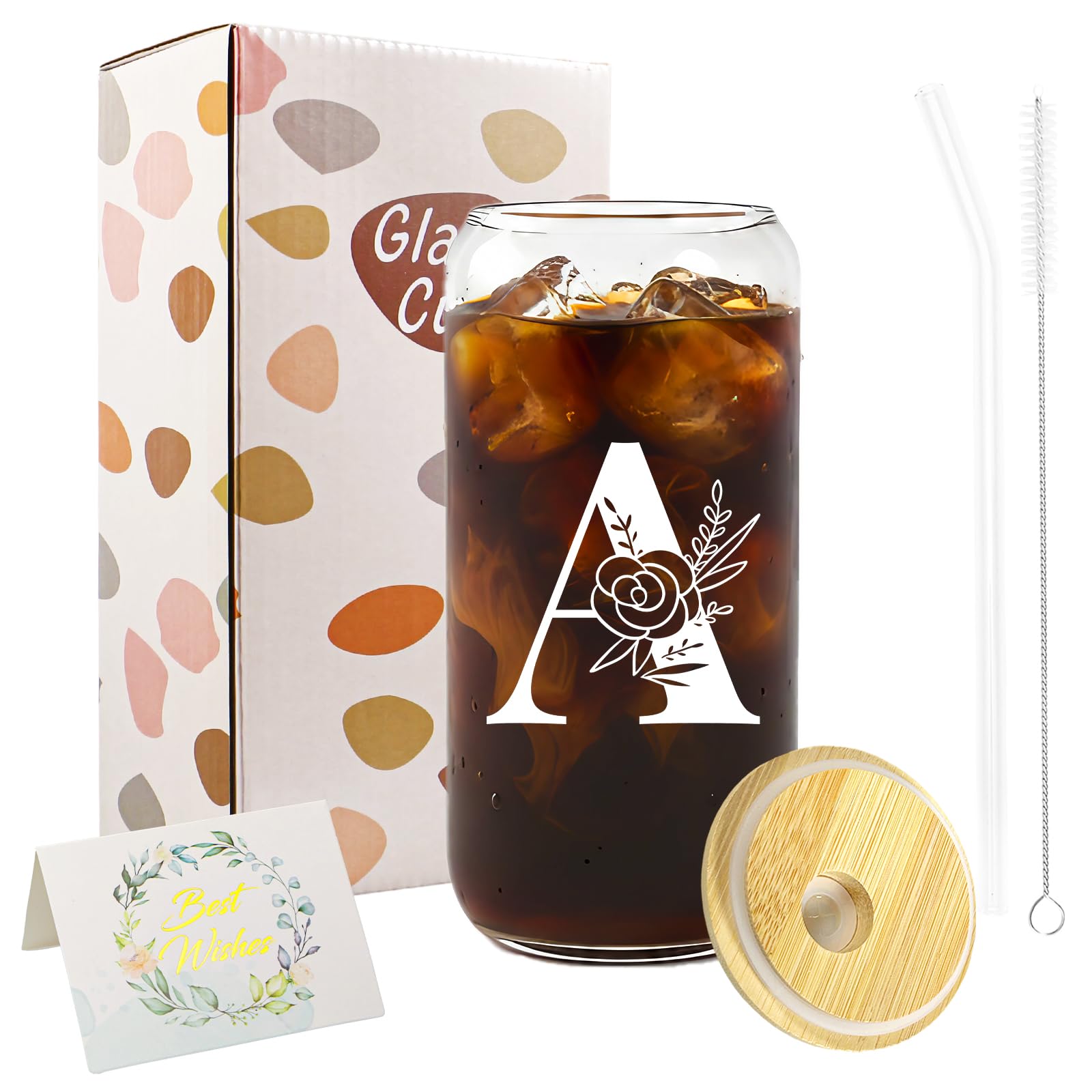 A-Z Initial Personalised Gifts for Women, Birthday Coffee Glass Cups Gifts Set, 16oz Iced Coffee Glass Cup with Lids and Straws, Iced Coffees Cup for Women, Mum, Teachers, Friends, Best Friend (A)