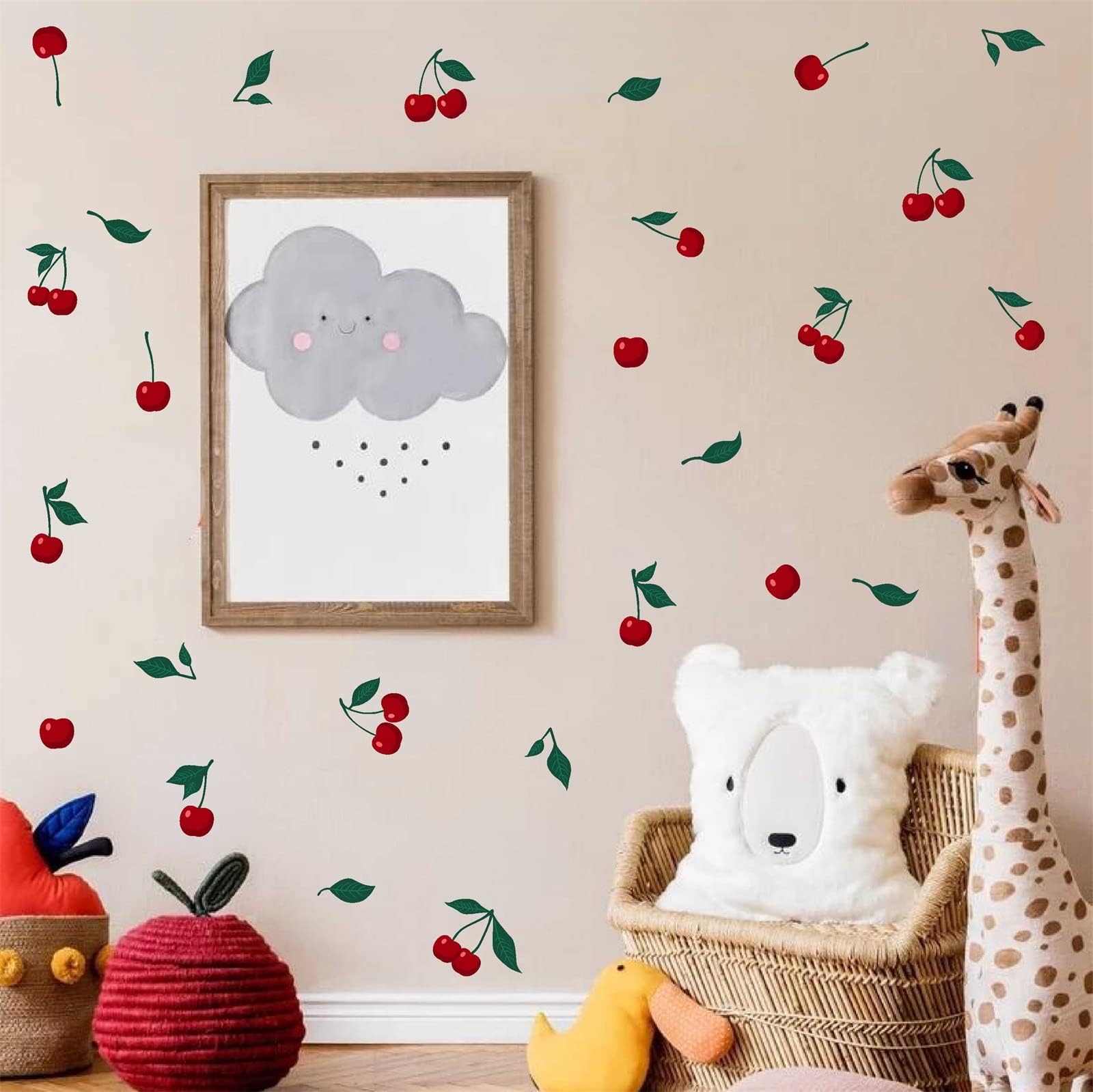 Cherry Wall Decal Fruit Wall Decals Peel and Stick Boho Kitchen Decals Cherries Green Leaf Stickers Red Cherry Fruit Stickers for Living Room Bedroom Nursery Decor