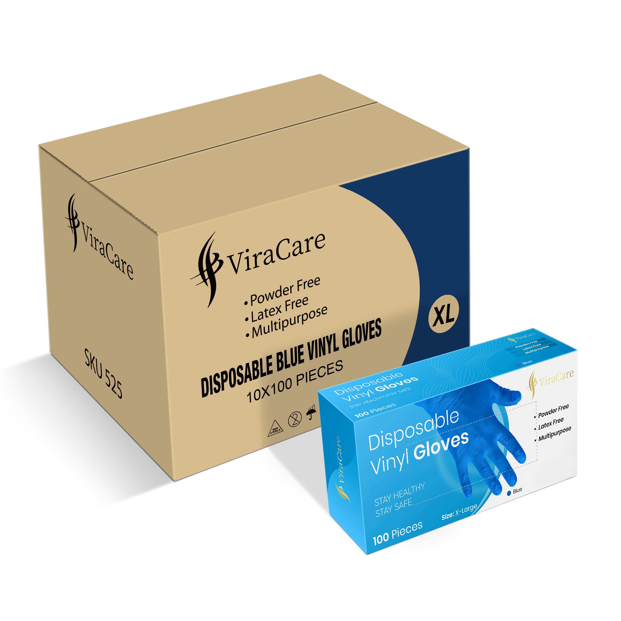 ViraCare 1000 x Blue Disposable Gloves Extra Large | Vinyl Gloves Disposable | Latex free gloves | Powder Free Gloves | Strong And Non-Sterile | (10 Packs of 100) (X Large)
