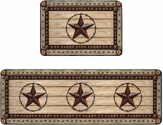 Texas Star Brown Kitchen Rugs and Mats Non Slip Washable Set of 2, Country Star Rustic Vintage Wooden Kitchen Runner Rugs Mats for Floor Laundry Room Hallway 19.7"x23.6"+19.7"x47.2"