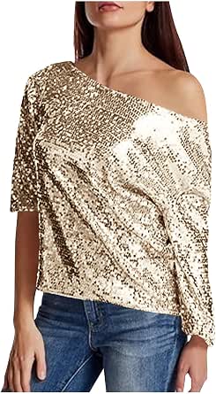 One Shoulder Sequin Sparkly Tops For Women Ruched Glitter Tops Slimming