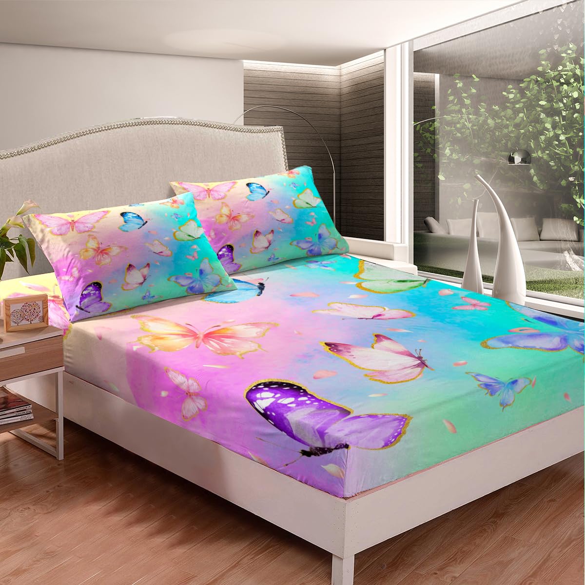 Cartoon Butterfly Fitted Sheet Girls Room Decor,Wildlife Animal Pink Purple Butterflies Bedding Set Full Size,Watercolor Tie Dye Teal Bed Sheets,Rustic Farm Animals Sheets