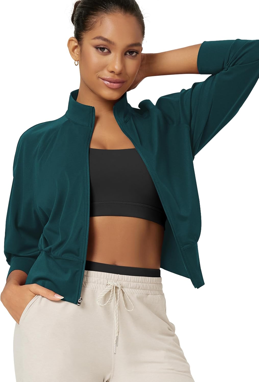 ODODOS Women's Full Zip Workout Jacket Cloud Feeling Stand Collar Long Sleeve Lightweight Athletic Yoga Tops