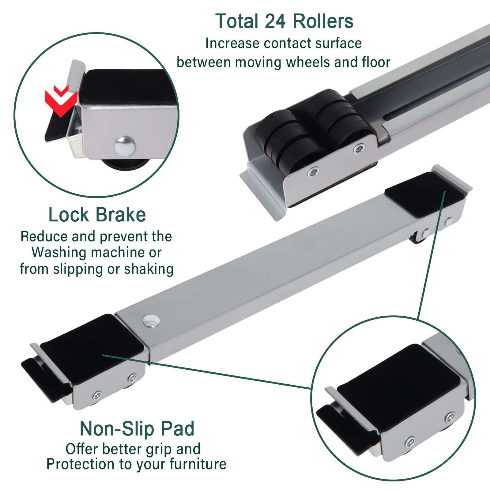 Poweka Appliance Rollers for Washing Machine,Furniture Wheels with Brake,Extendable from 18 to 28 Inches Load Bearing 300KG for Refrigerator and Sofa(Gray) - Image 3