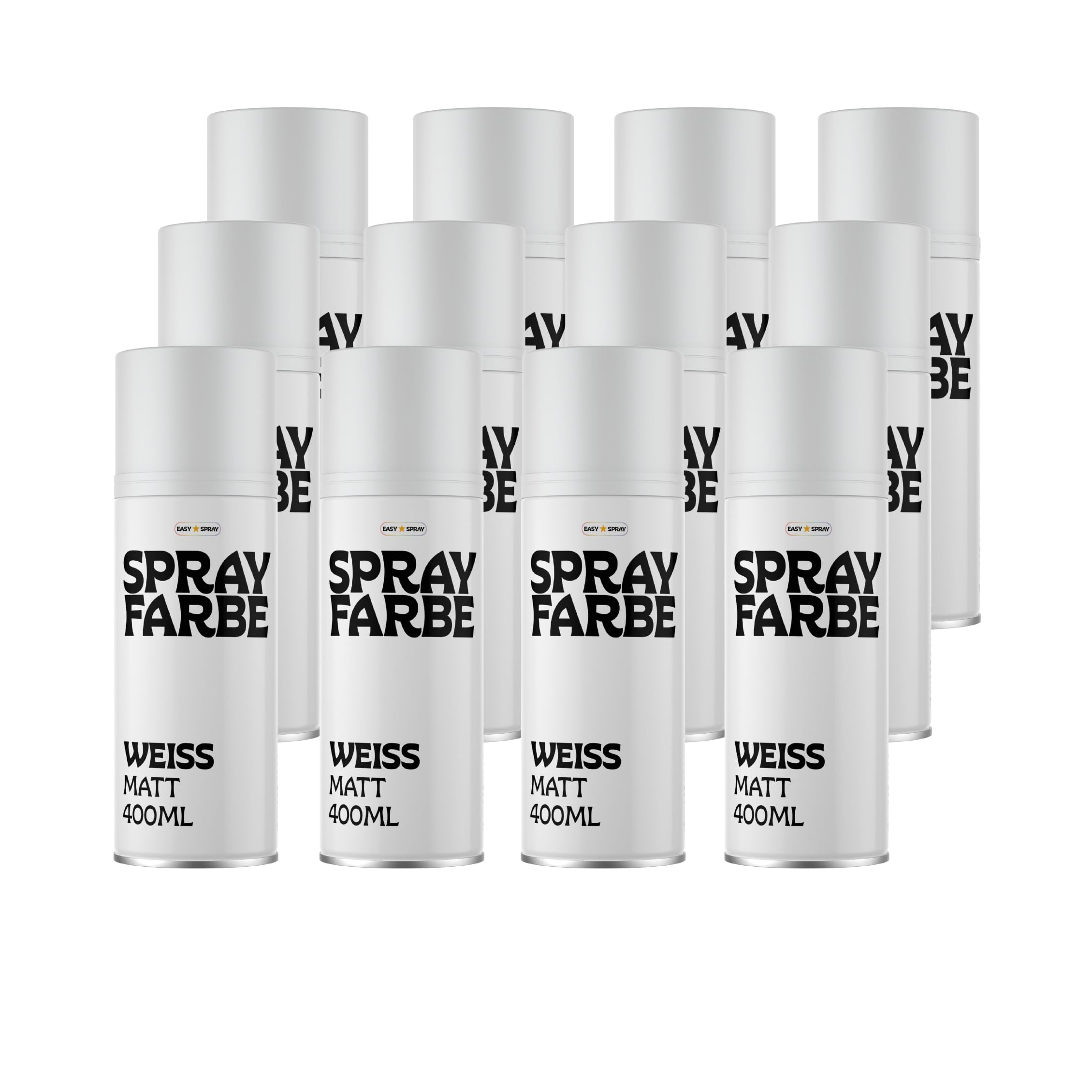 Sprühfarbe Weiss Matt, 12er Set (12 x 400ml), Sprühlack für Holz, Metall, Glas, Karton, Innen & Außen, schnelltrocknend
