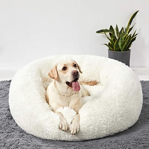 Vista 13 de ANWA - Cama redonda para perro mediano, lavable, cama tipo dona para perro grande, cómoda, acogedora y relajante Beige