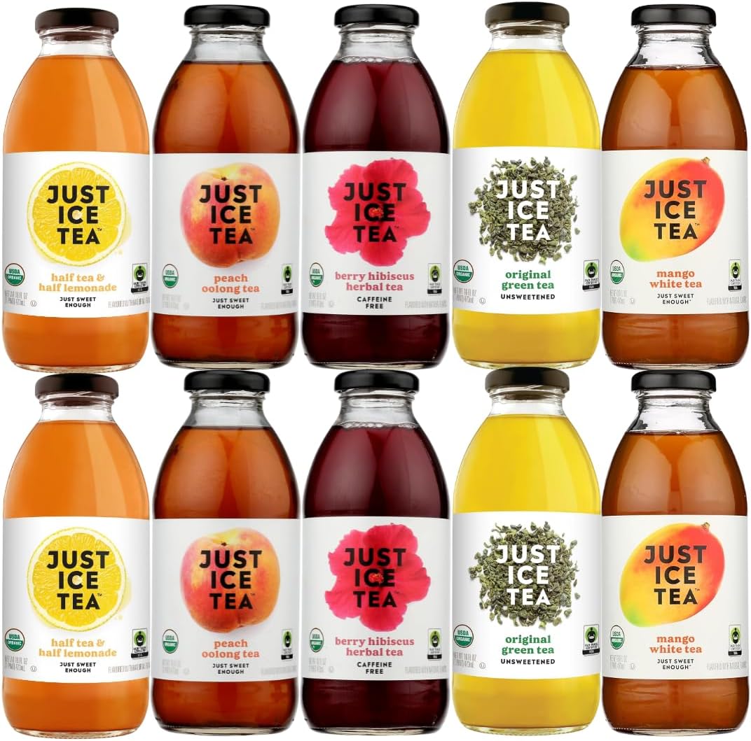 Just Ice Tea Variety Pack 10 – Assorted Iced Teas Made with Real Brewed Tea – Half Tea & Half Lemonade, Peach, Original Green, Mango White & Hibiscus – Refreshing Ready-to-Drink Beverages
