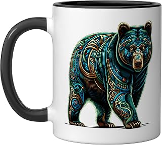 Mandala Art Black Bear Bears Ceramic Mug, Black/White