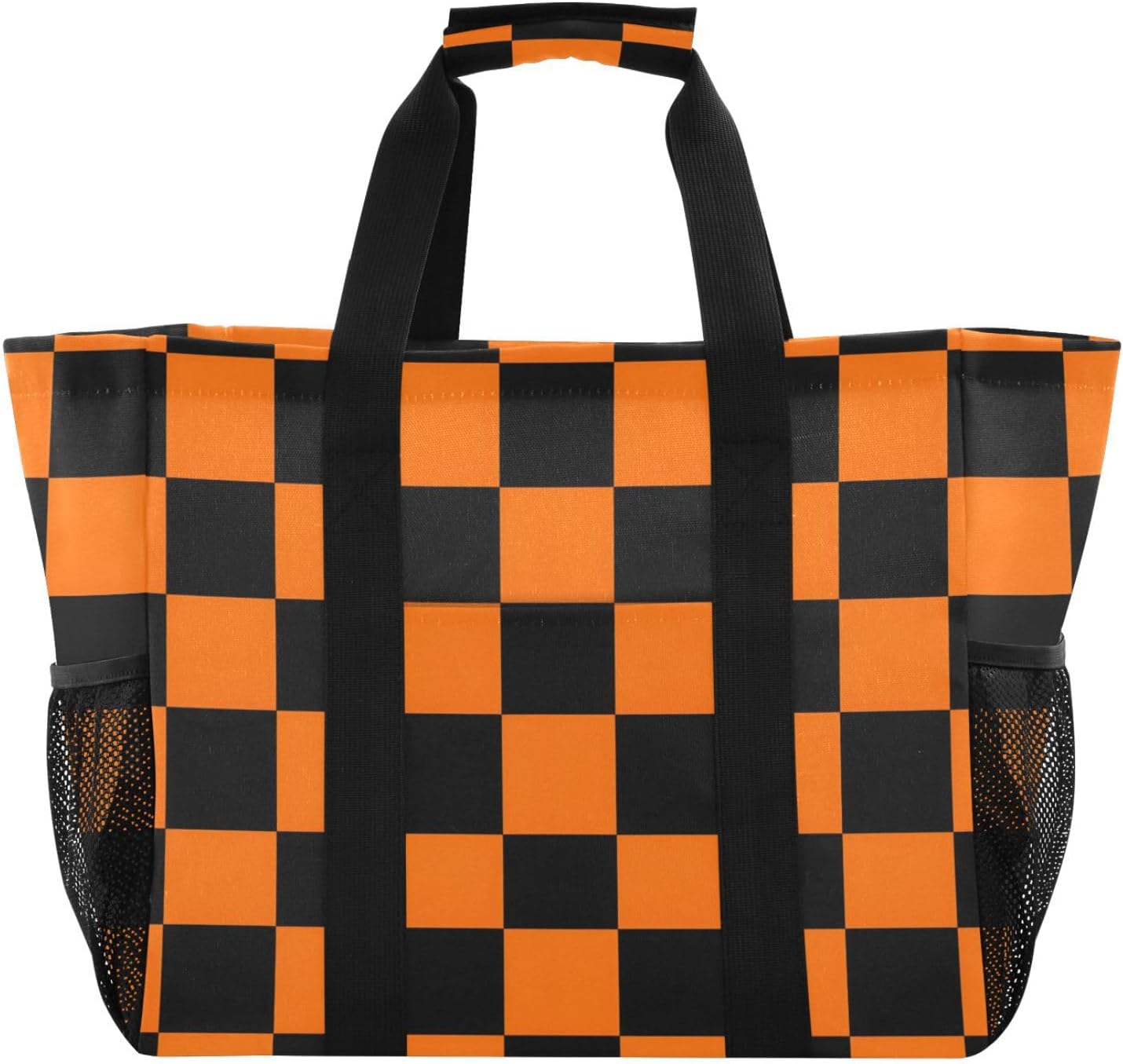 Bolaz Travel Tote Bag,Gym Bag for Men,Waterproof Beach Bag for Women Foldable Reusable-Orange and Black Checkered Pattern