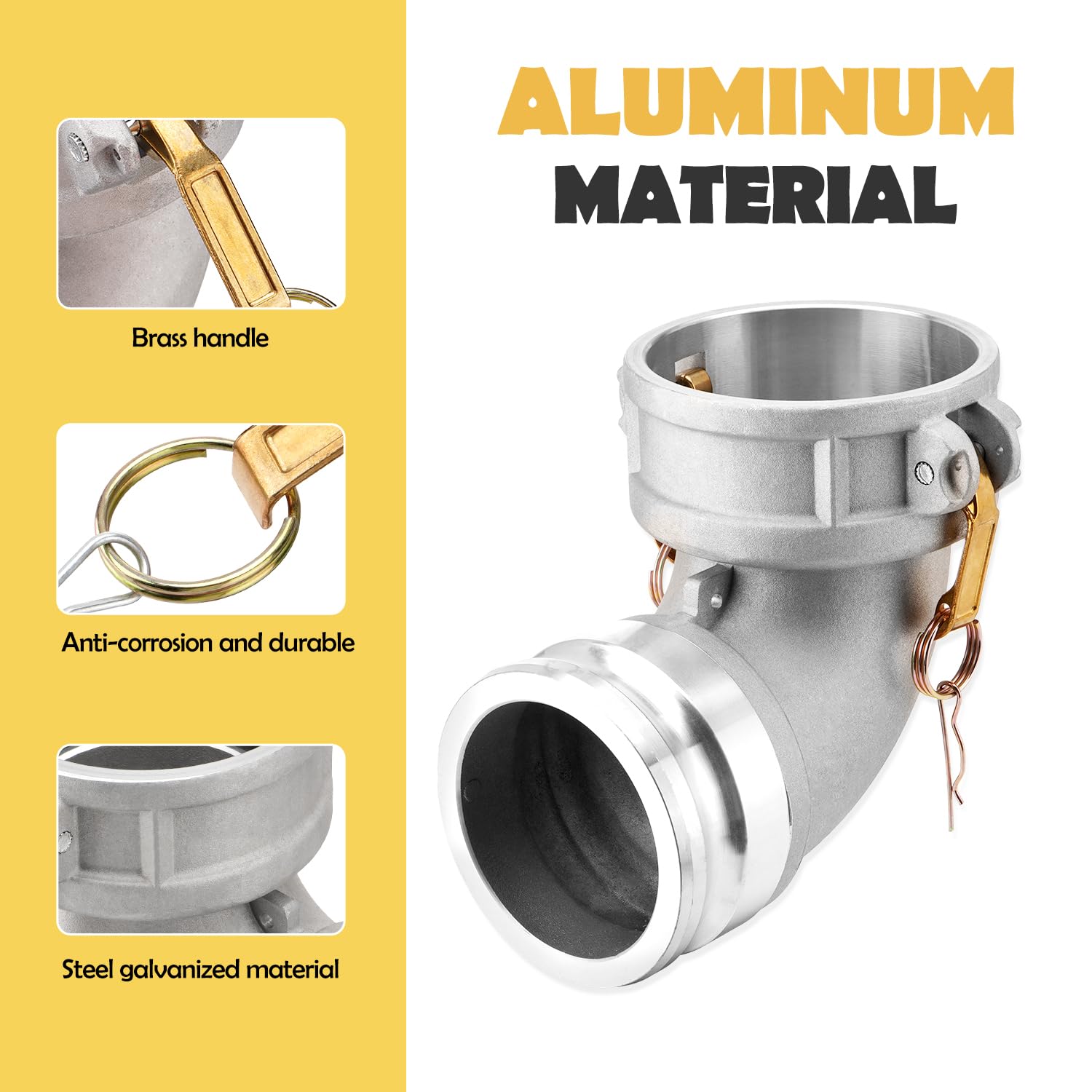 Acoplamiento de manguera de leva y ranura tipo DA, codo de 90 grados, Camlock hembra de 4 pulgadas x Camlock macho de 4 pulgadas, 100 PSI, material de aluminio, DA4040