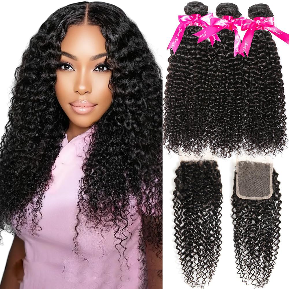 Kinky Curly Human Hair Bundles with Closure Grade 10A Virgin Unprocessed Brazilian Curly Hair 3 Bundles with Closure Free Part(16 18 20 with 14" closure)