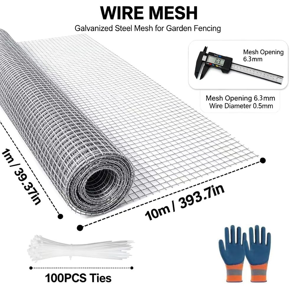 Grillage galvanisé 1m×10m maille fine 0,63mm, grille anti rongeur,grillage à poule, enclos lapin, volière, protection anti rongeur, clôture jardin robuste, grillage métallique polyvalent