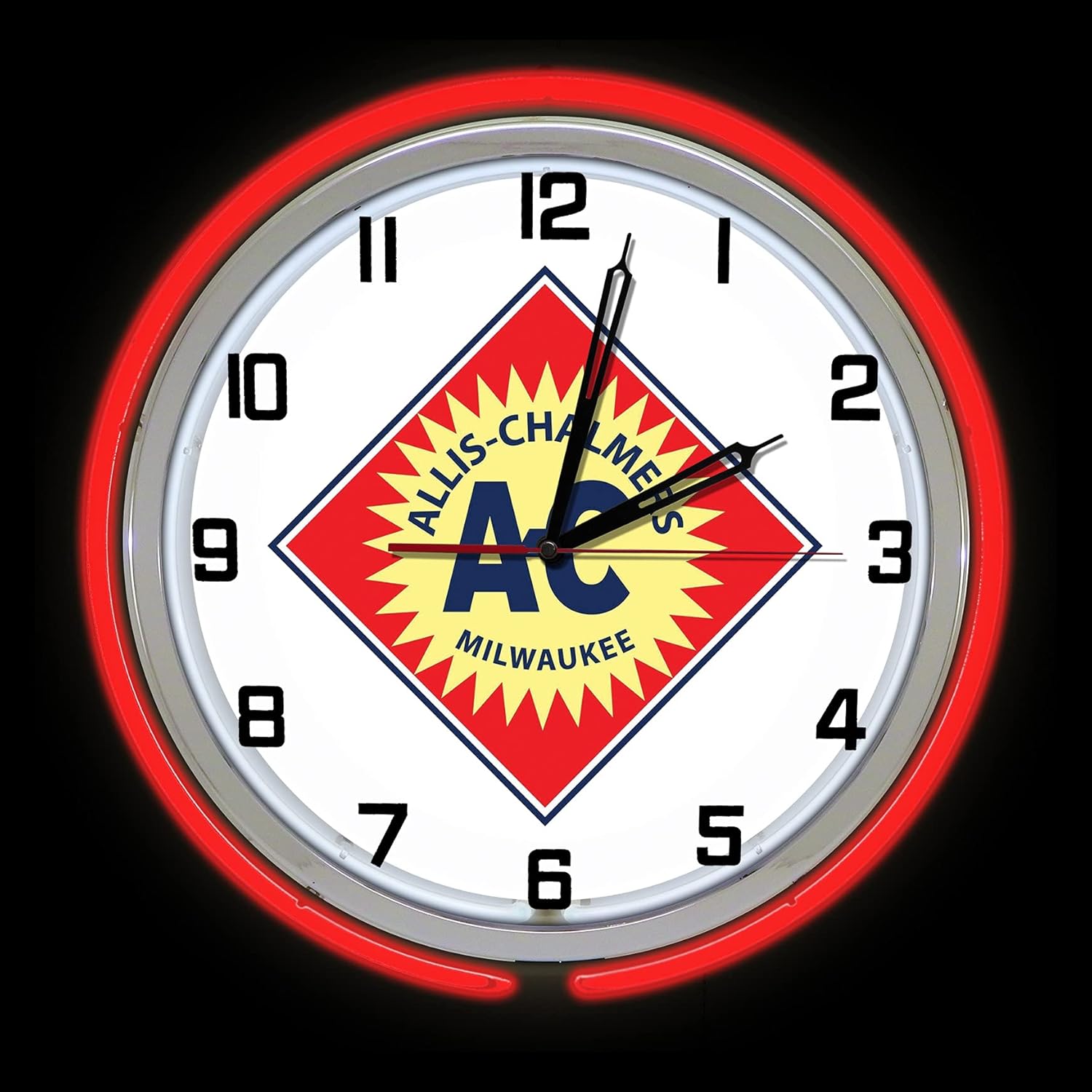 19" Allis Chalmers AC Logo Sign Neon Clock, Red Outside Tube, Two Neon Tubes