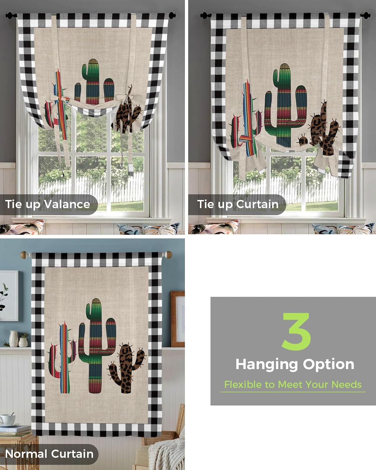 Tie Up Window Shade Curtain Summer Cactus Mexico Colorful Botanical Kitchen Adjustable Balloon Curtains Shades Drape 46x63In for Living Room/Bedroom/Cafe Windows Tropical Plant Retro Plaid