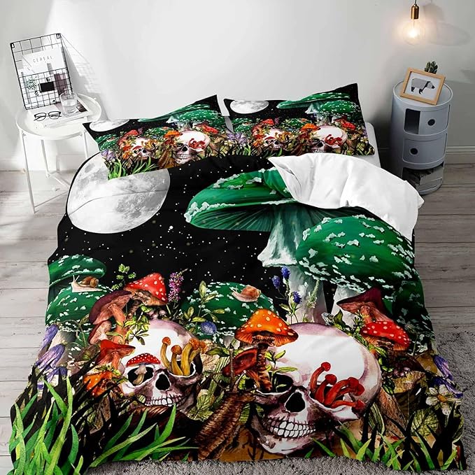 LUVIVIHOME 3PCS Teal Mushroom Bedding, Sugar Skull Duvet Cover Queen Bedding, Black Galaxy Moon Skeleton Wildflower Botanical Plant Fungus Aesthetic Green Mushroom Comforter Quilt Cover 2 Pillow Shams
