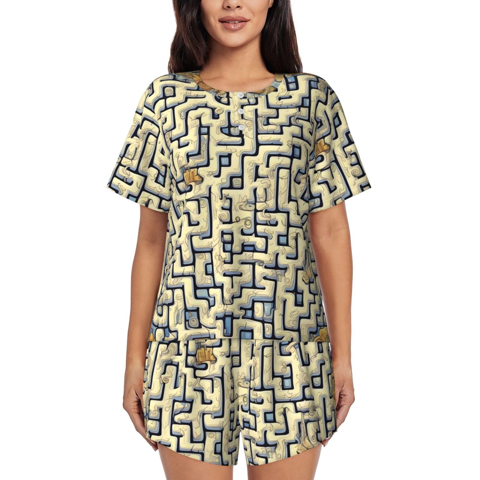 Gaxfjru Women's Black Labyrinth Treasure Map Summer Pajamas For – Casual & Cute Sleepwear Sets For All Occasions,Postpartum Clothes. Loungewear