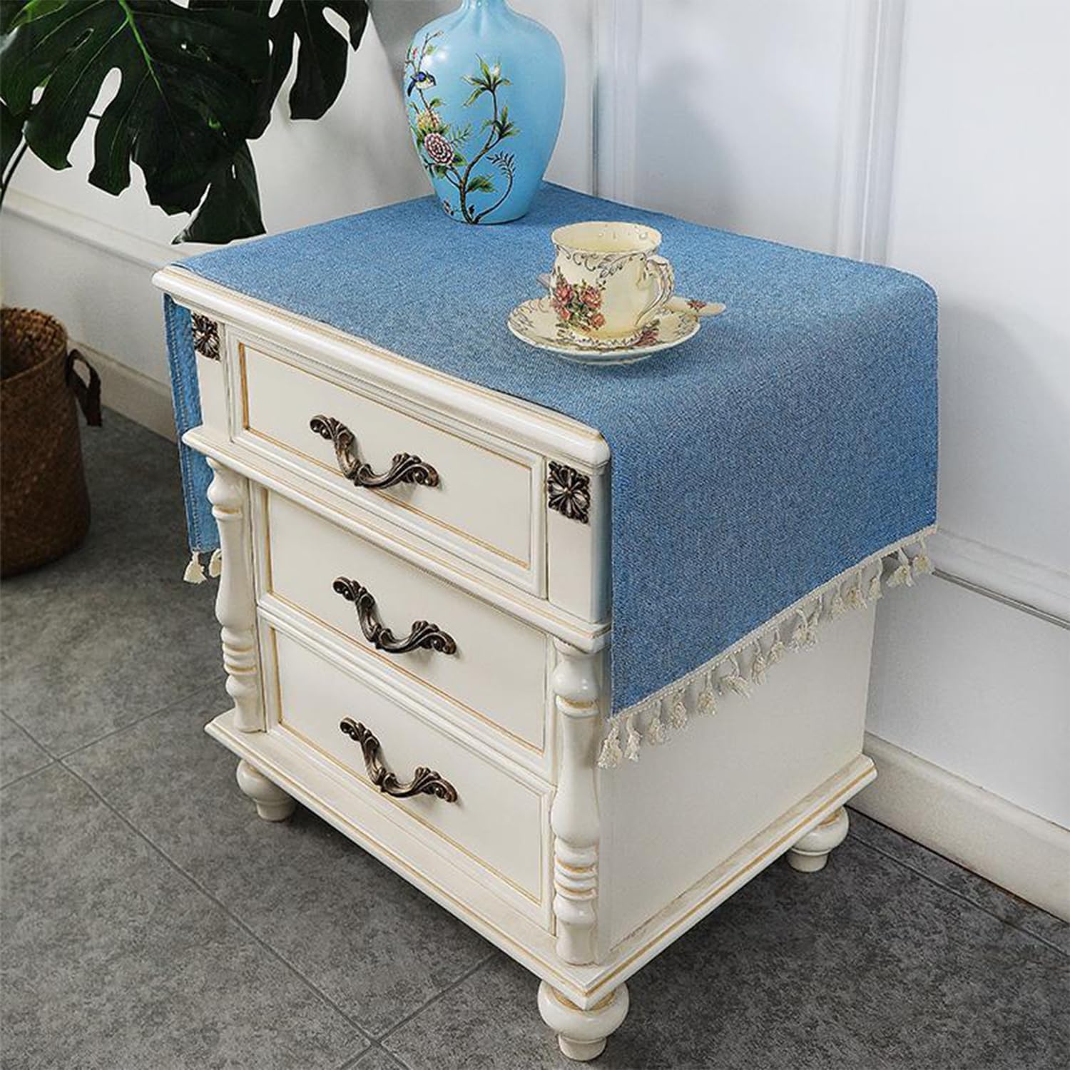 Small Bedside Tablecloth Farmhouse Tassel End Table Cloth Simple Solid Color Side Table Cover Washable Non-Slip Dustproof Nightstand Covers for Living Room Bedroom Home Decor, Blue 18"x35"