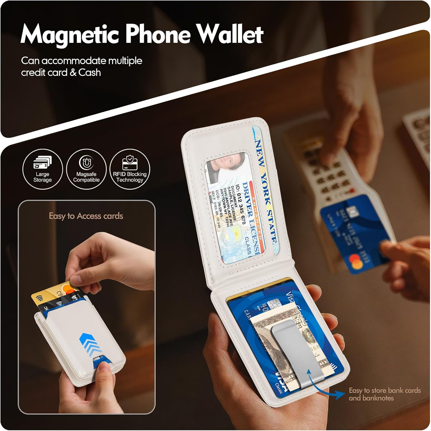 Shieldtop RFID Blocking MagSafe Wallet Stand with Card Holder,5 Card Slots & ID Window,PU Leather Magnetic Adjustable Kickstand for iPhone 12/13/14/15/16/17 Pro Max & Air Plus Series,White image 2