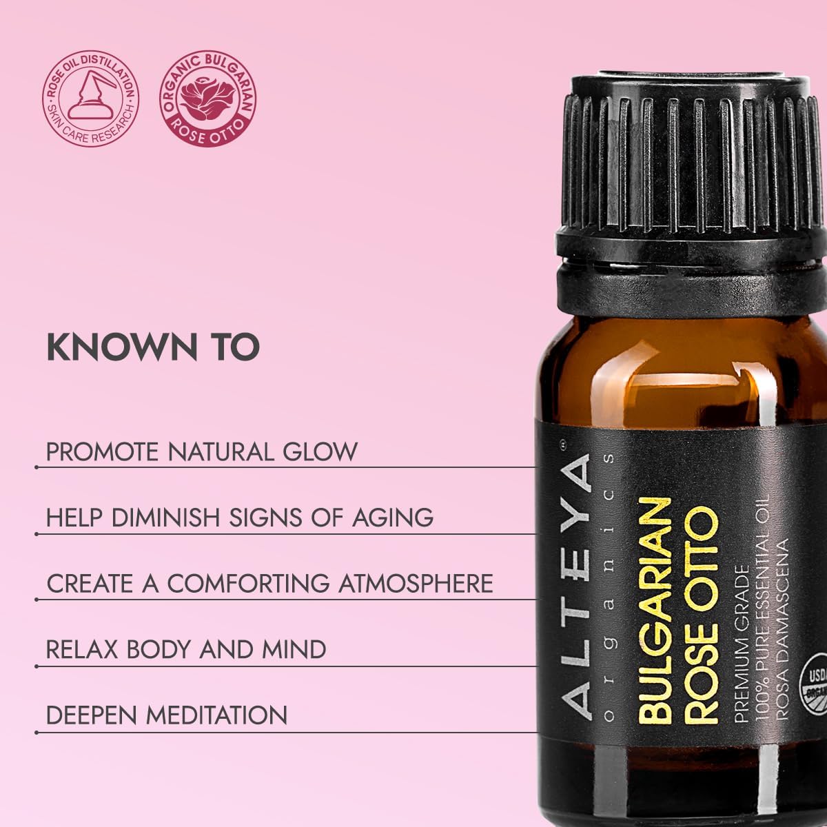 Alteya Organics Rose Essential Oil, Pure Certified Organic Bulgarian Rose Otto, 10mL