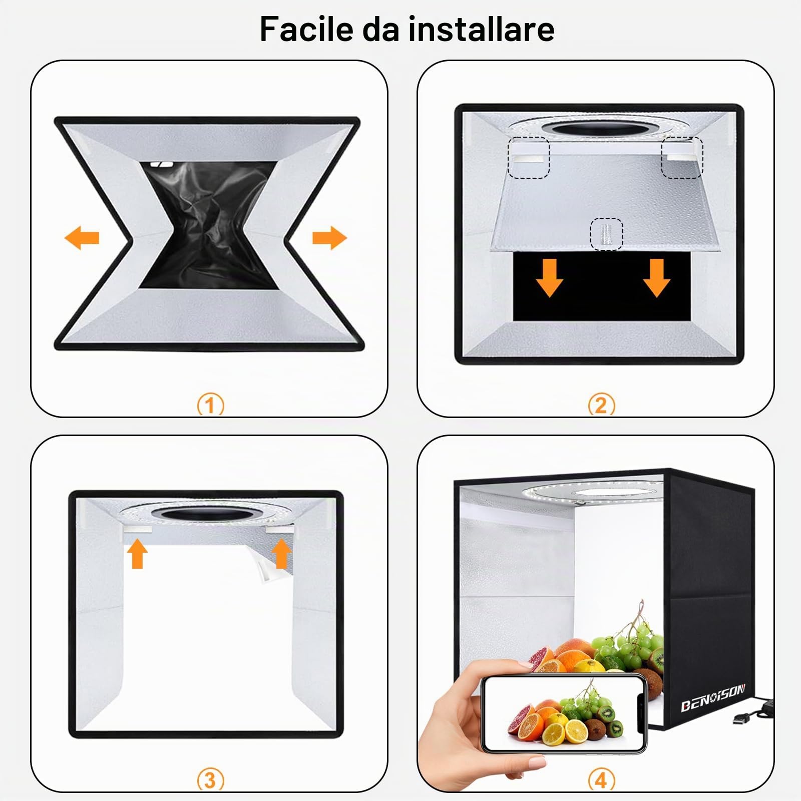 Light Box Fotografico 40x40 cm, Set Studio Fotografico Portatile con 120 LED Luci Regolabili, 6 Sfondi Lisci per Fotografare Prodotti Gioielli/Cosmetici/Alimentari