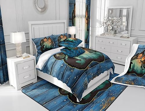 Miniatura 5 de Manfei Manta con estampado de patas para niños, manta rústica de oso salvaje para sofá, manta de cama con tablones de madera azul para niños y