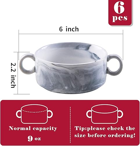 Miniatura 3 de Yundu Tazones de cerámica con asas, 9 onzas con asas, para sopa, sopa, sopa, cereales, guiso, frío, ramequines, juego de 6, mármol gris