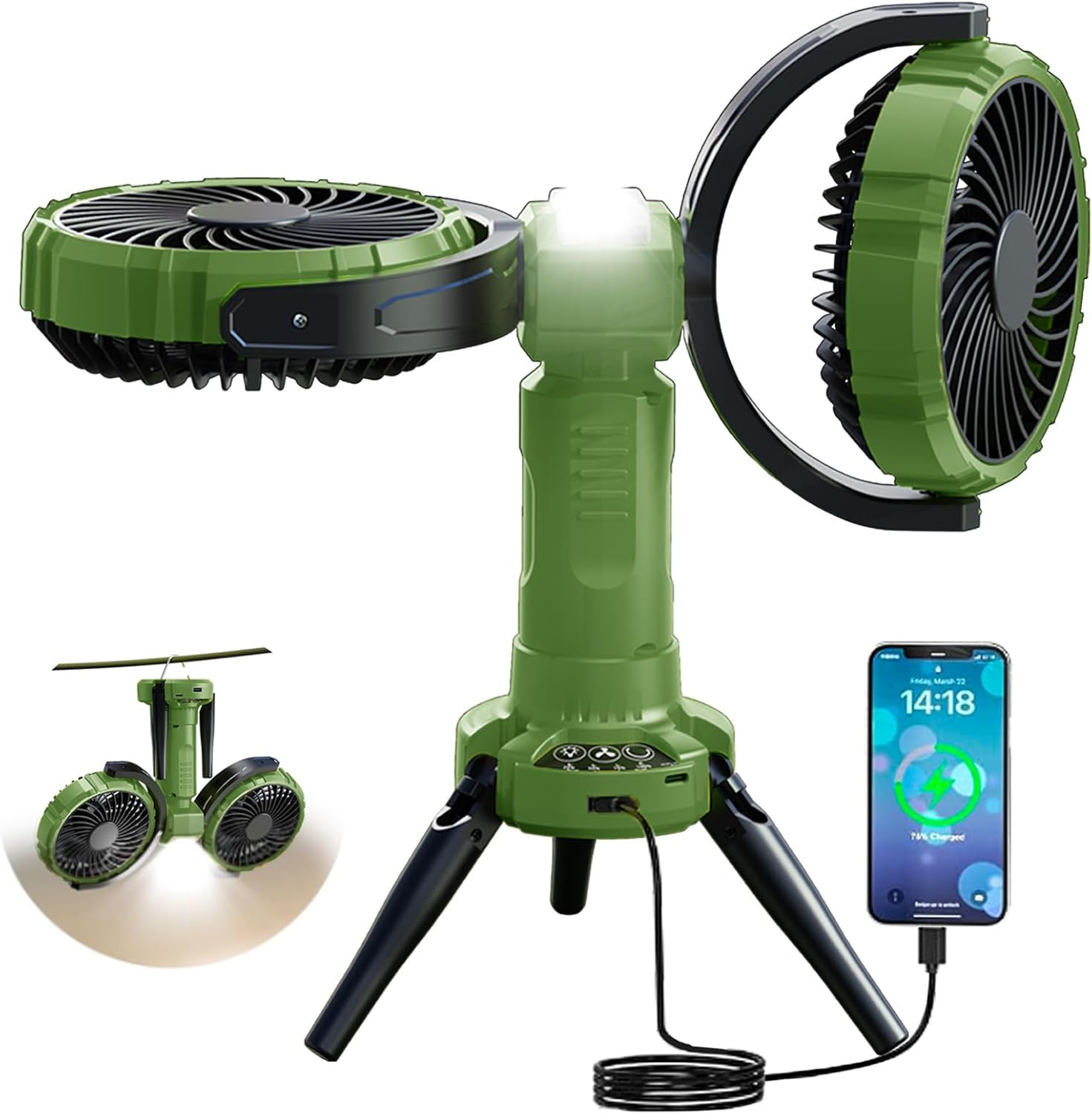Camping Fan with Light,8000 mAh Rechargeable Battery Powered Tent Ceiling Cooler Fans,270° Oscillating 360°Rotation Portable Camping Essentials Gear for Outdoor Canopy,Travel,Fishing,Green