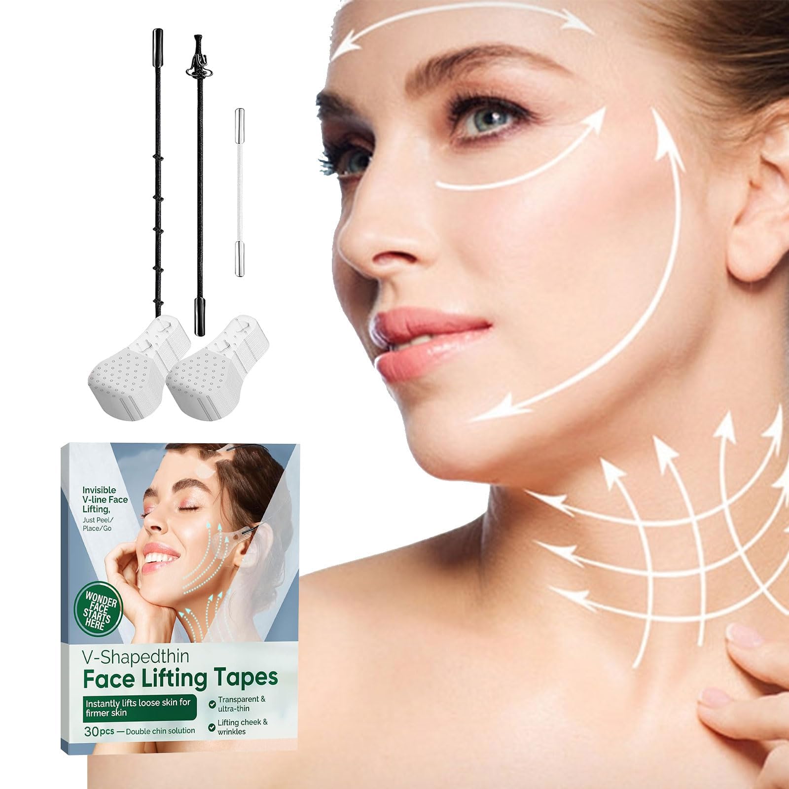 Azonee Face Lift Tape, 30pcs Face Lift Tape Invisible with String, Face Lifting Sagging Skin Lifter Tapes, High Elasticity Facelift, V-Shaped Hide Face Wrinkles & Double Chin, V-line Face Lifting