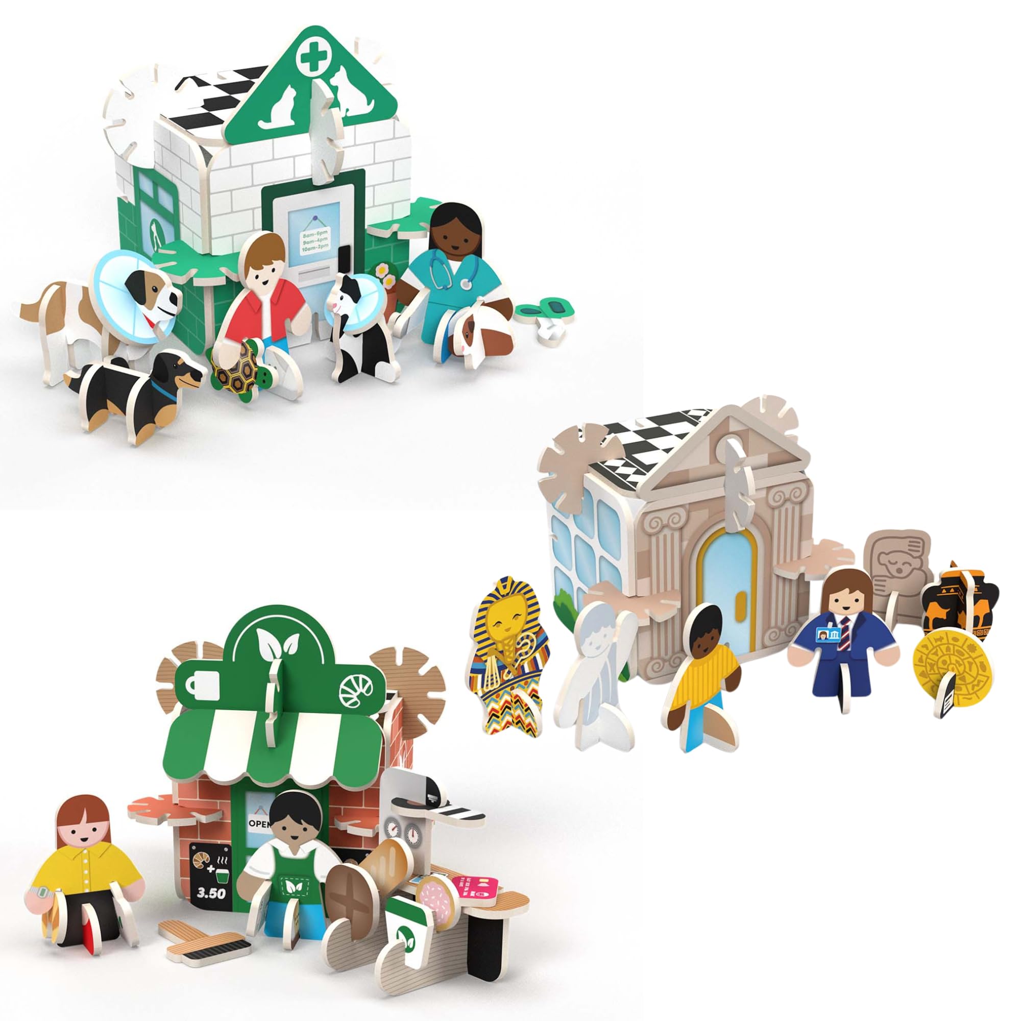 PLAYPRESS Vets, Refill Cafe and Museum - 3 x Mini Playsets - Eco-Friendly Building Toys - Easy Storage - Construction Toys for Ages 4+