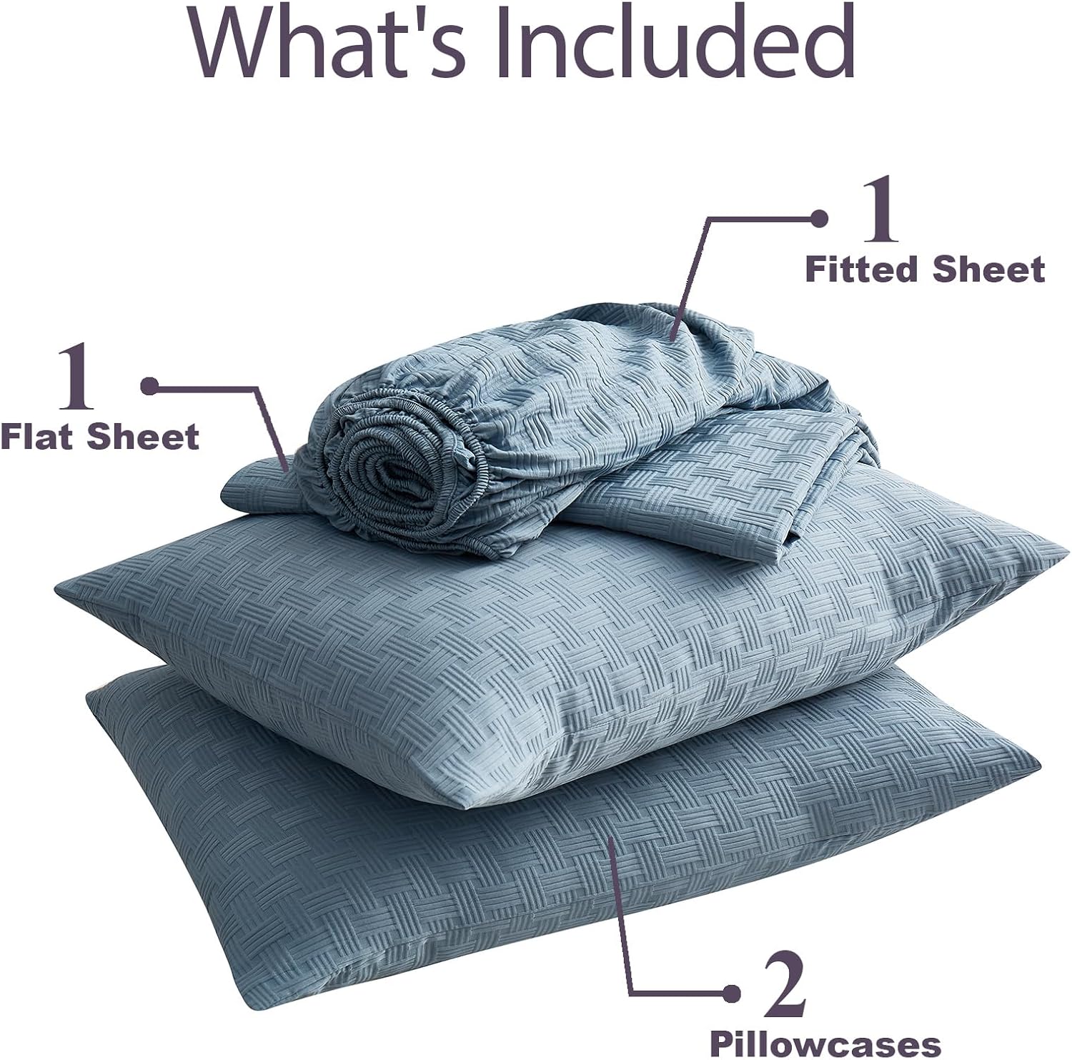 Woven Grid Soft King Size Sheet Set - Comfortable & Breathable 4 Piece Bed Sheets with 1 Fitted Sheet,1 Flat Sheet & 2 Pillowcases - Deep Pocket Up to 18 Inches (Blue Grey)