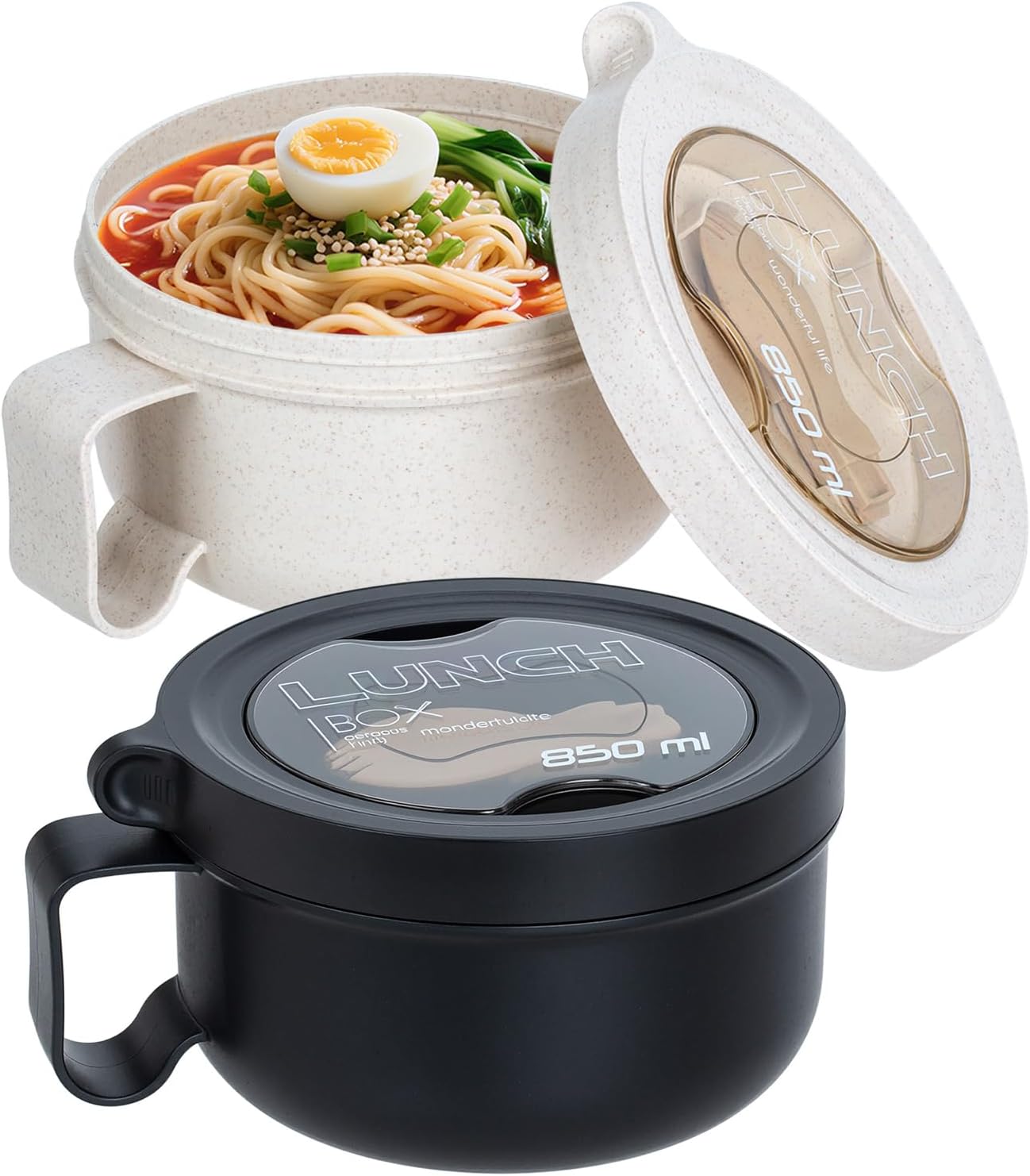 OZY Microwave Bowl Set with Lids and Handles,Ramen Noodles Cup Mug for Instant Noodles,Oatmeal,Salad,Soup,Cereal,Ideal for Home,Office, Dorm,BPA-Free (Black Beige)