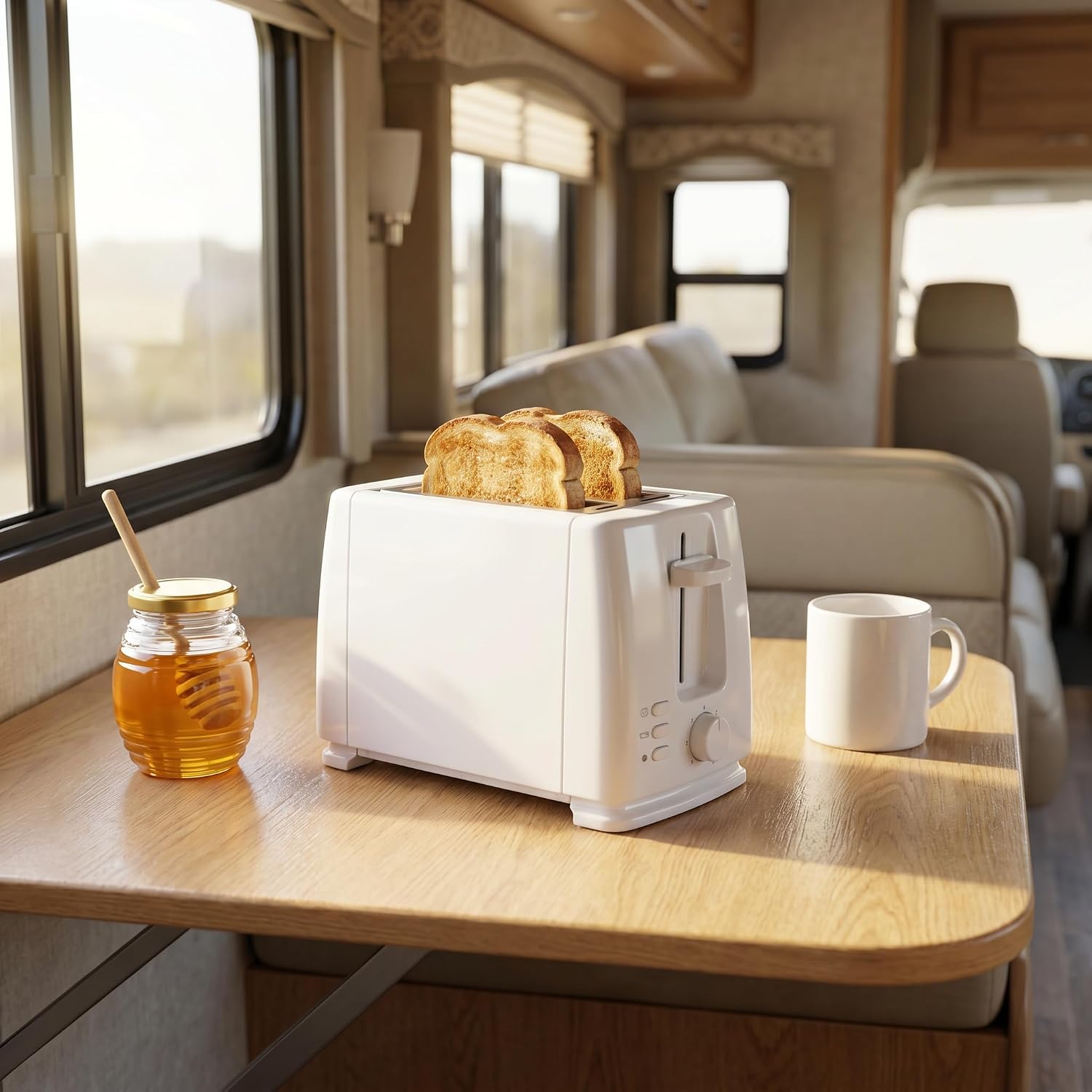 RV Toaster, Compact 2-Slice for Camper Motorhome Travel Trailer, Low Wattage Electric with 6 Browning Settings, Small Breakfast Maker Perfect for RV Kitchen Countertop Space