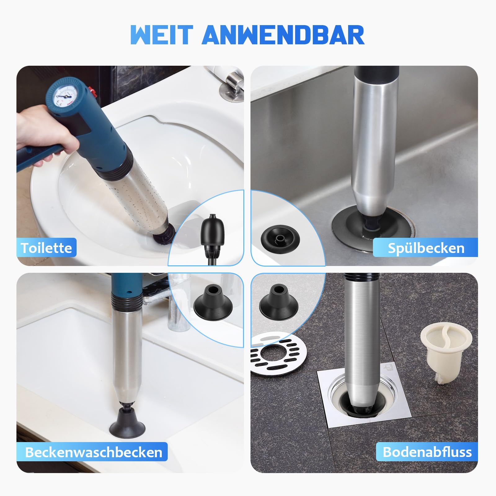 Desatascador Tuberias a Presion Eléctrico con Indicador de Presión de Aire, Desatascador Tuberias con 4 Ventosas, Guantes y Pinza de Garra, Desatascador WC para Inodoros, Tuberías de Cocina