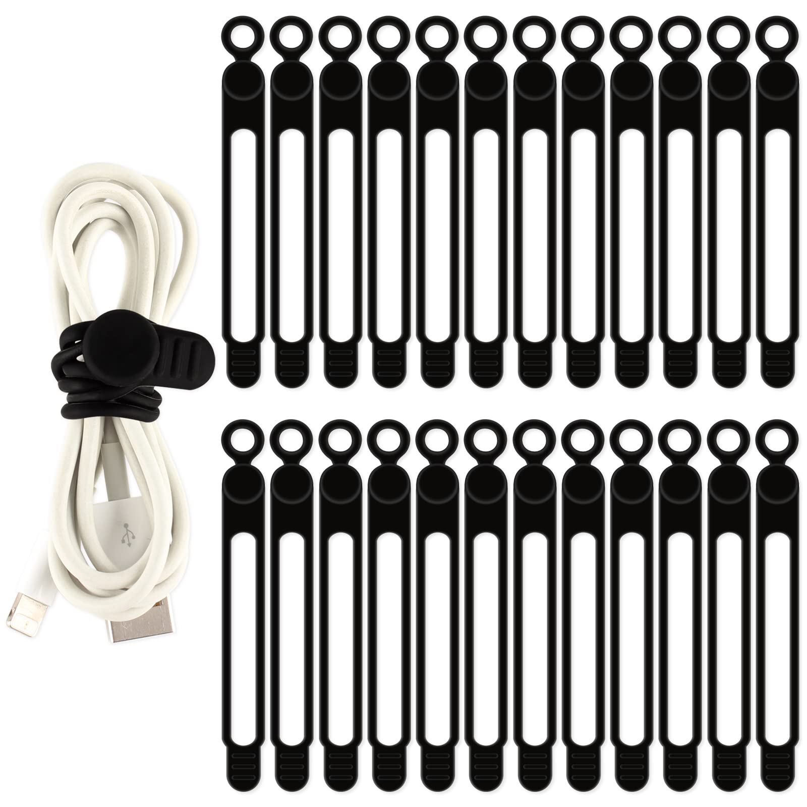 TamBee Cable Ties Reusable Silicone Cable Straps 24pcs Cable Wire Ties Cable Cord Organizers for Earphone Phone Charger Audio Cable Computer (24Pcs, Black)