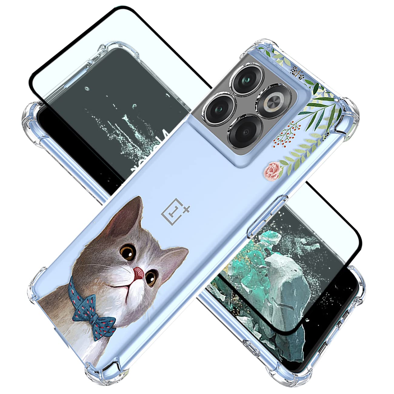 Case for OnePlus 10T Case, OnePlus Ace Pro CPH2415 Case with HD Screen Protectors, Clear with Design TPU Slim Floral Kitten Pattern Protective Back Cover Cases for OnePlus 10T Bow tie Cat