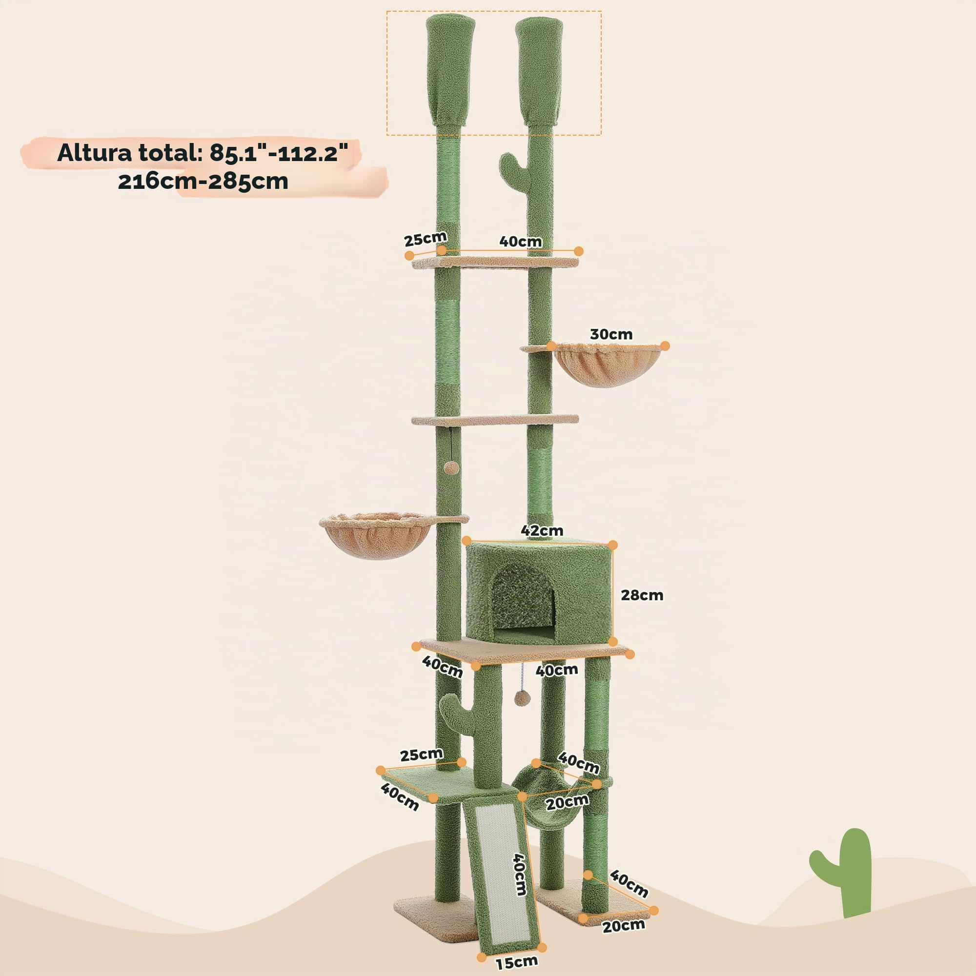 PETEPELA Árbol de Cactus para Gatos de Piso a Techo - Torre Con Condominio Grande, Altura Ajustable 216-285 cm, Centro de Actividades de Escalada de 5 Niveles Con Hamaca