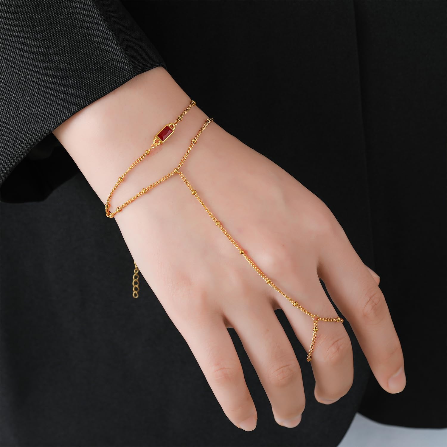 Birthstone Hand Chain Bracelet for Women Gold Dainty Finger Ring Bracelet Hand Chain Stackable Ring Link Chain Charm Bracelet Set Hand Jewelry Gifts Trendy - Image 5