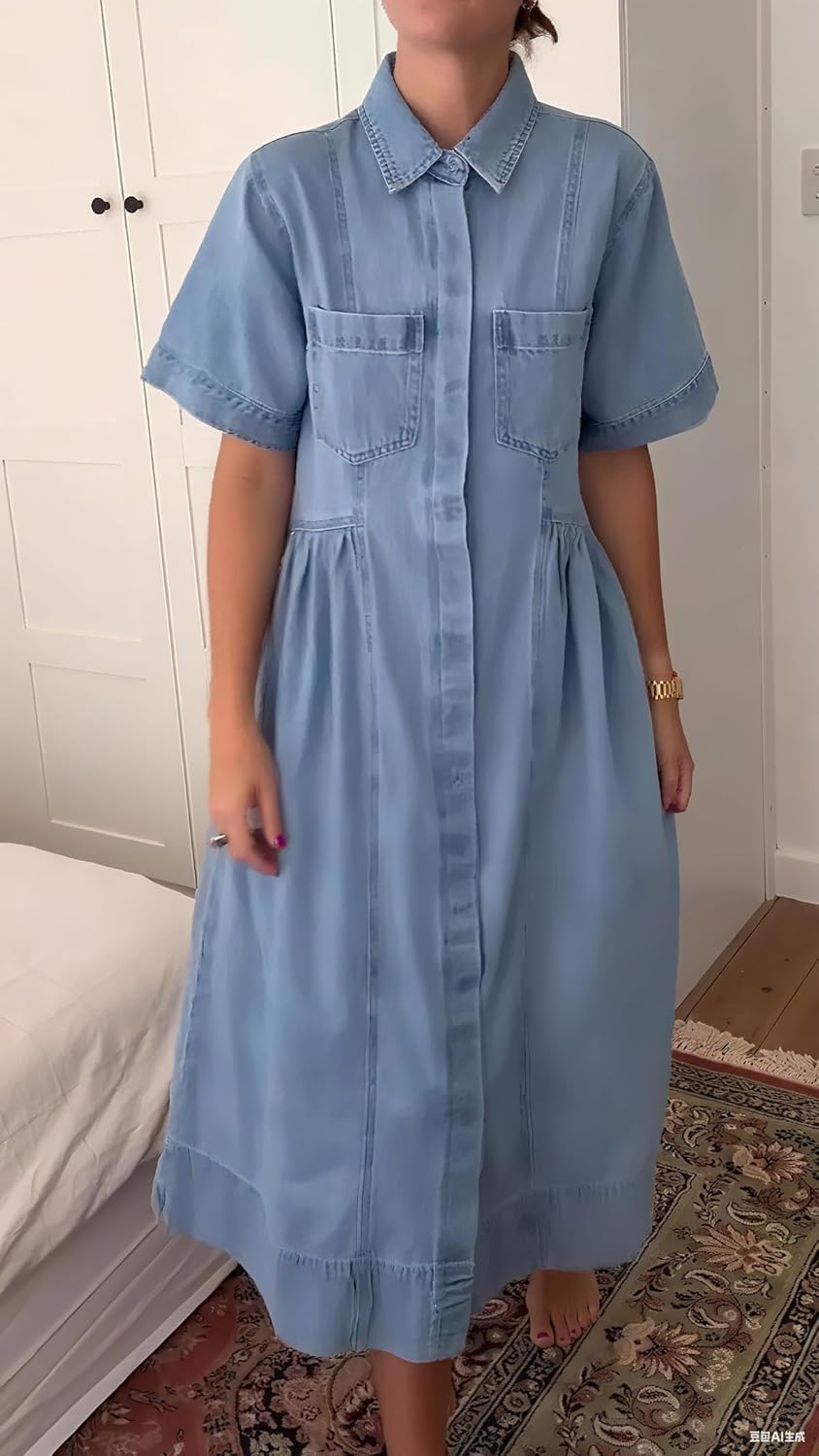 chouyatou Women's 2025 Summer Short Sleeve Denim Shirt Dress Midi Long Western Business Casual Jean Dress - Image 3