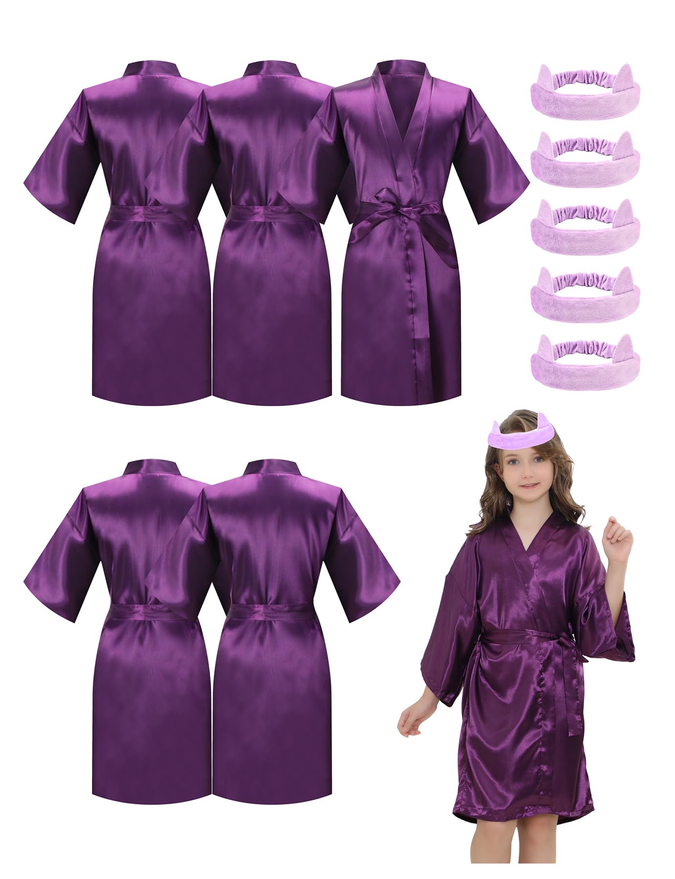 EPLAZA 10 Pieces Kids Girls Satin Robe and Hair Bands for Birthday Spa Bridal Party Flower Girls Wedding Robes Kimono