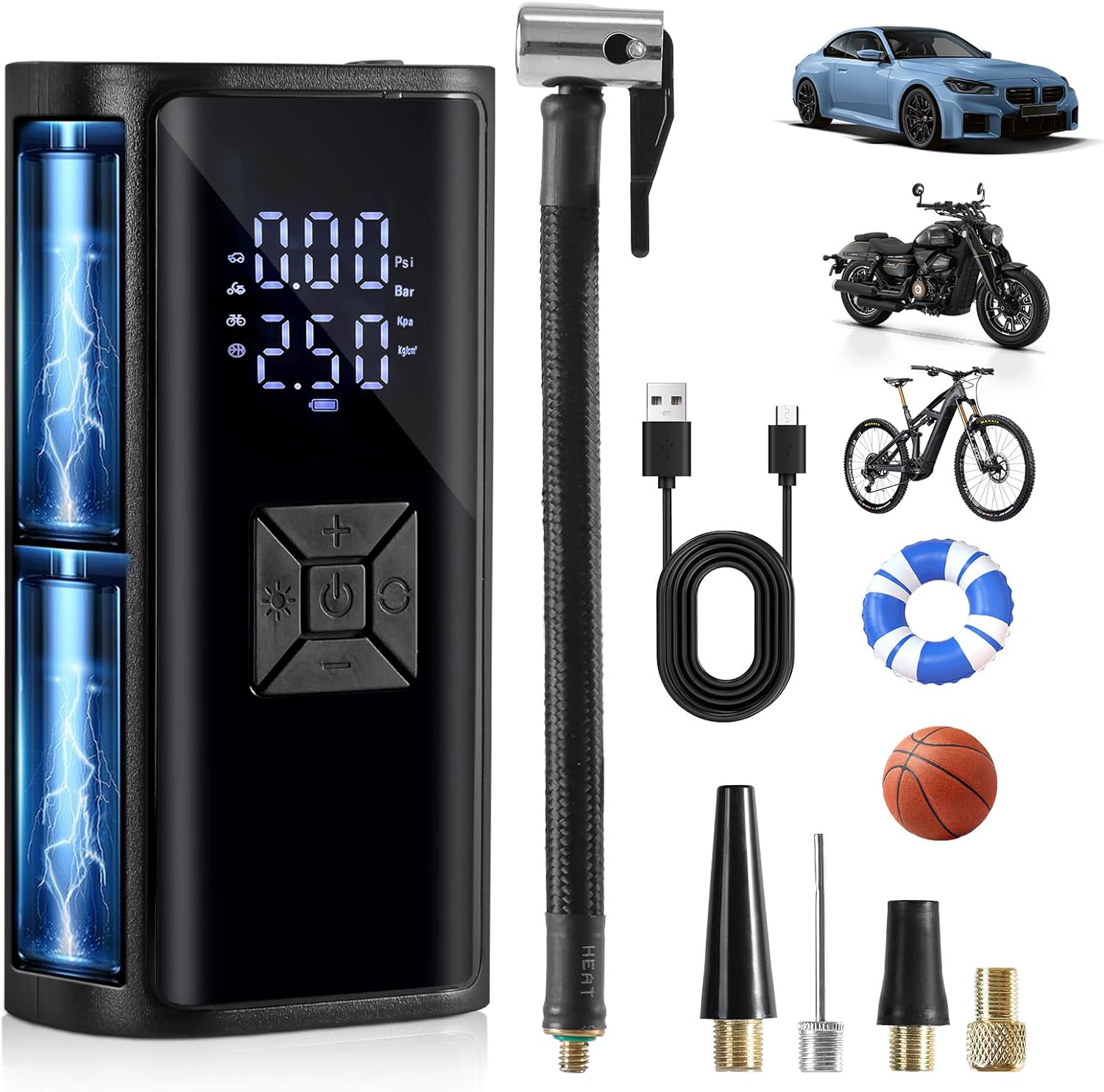 Tragbare Akku Elektrische Luftpumpe Fahrrad 150PSI - Hofeny Druckluftpumpe Luftkompressor Akkudruckluftpumpe, Mobile Fahrradpumpe Kompressor Mini Accu Pumpe mit LED Licht, geeignet für Auto & Motorrad - Amazon product rated Grade B