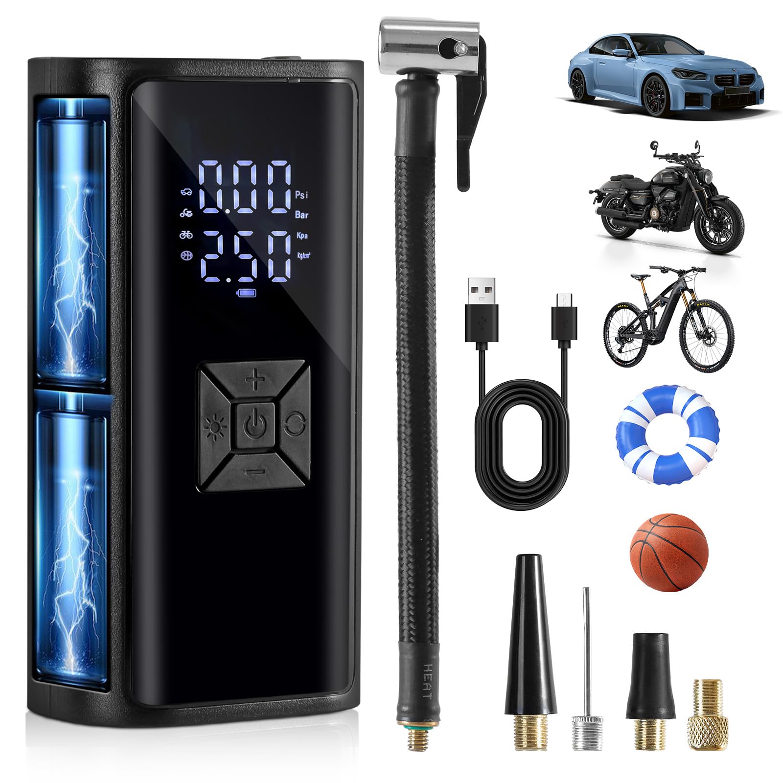 Tragbare Akku Elektrische Luftpumpe Fahrrad - Hofeny Druckluftpumpe Luftkompressor Akkudruckluftpumpe, Mobile Fahrradpumpe Kompressor Mini Accu Pumpe mit LED Licht, geeignet für Auto & Motorrad