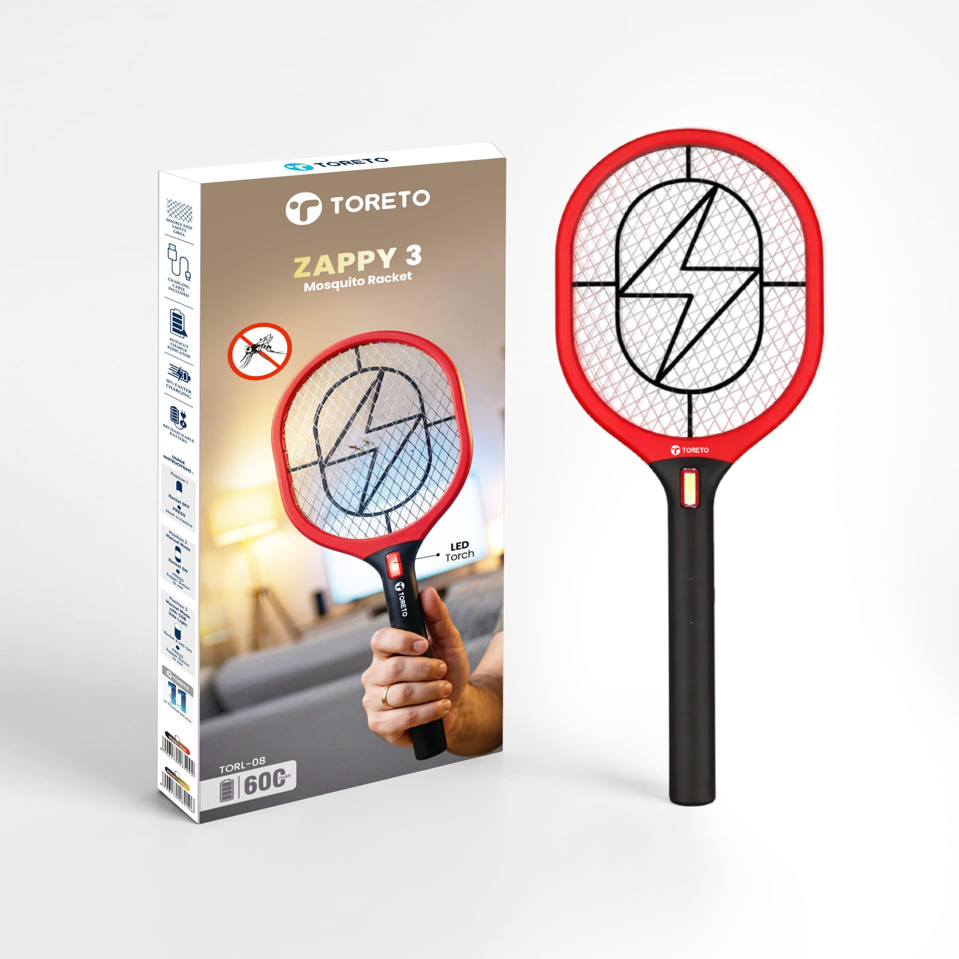 Toreto Zappy 3 Rechargeable Mosquito Killer Bat, LED Torch, Type-C Fast Charging, Double Layer Safety Grill, Made in India | Electric Fly Swatter, Mosquito Killer Racquet (Black+Red)