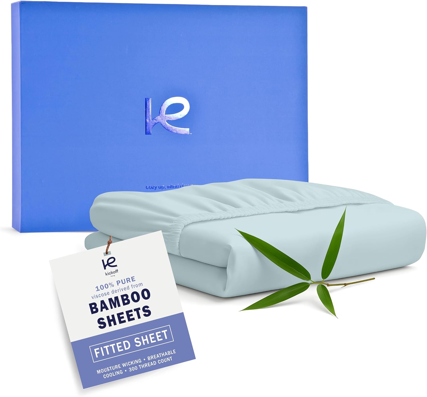 Kickoff Viscose Bamboo Fitted Sheet King Size, 100% Organic Cooling Sheets Fitted ONLY Viscose Bamboo Sheets King Size Bed Sheet for Hot Sleepers, Extra Deep Pocket, 4 Corner Strap (K, Coastal Blue)